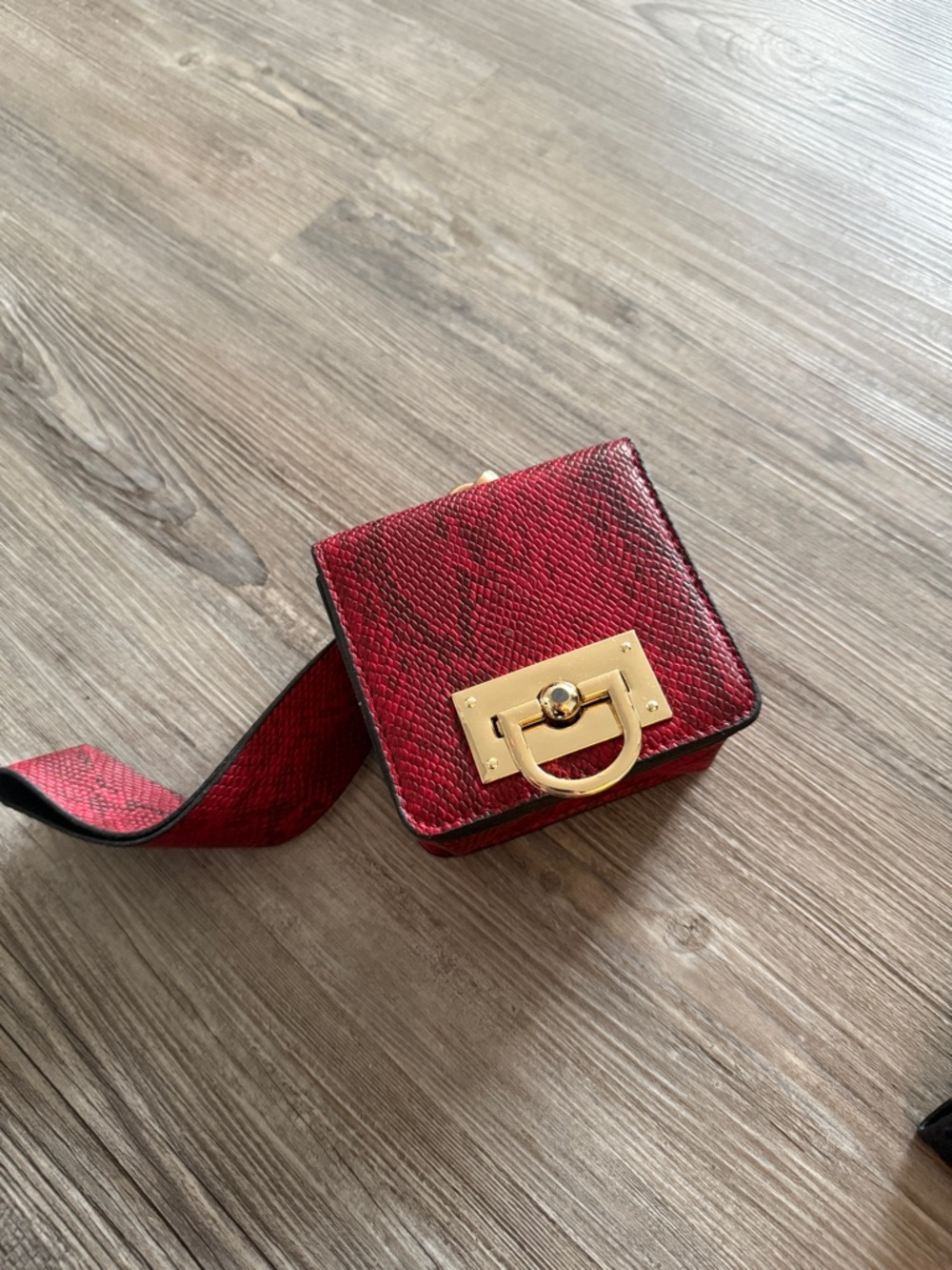 Red Snake-Texture Crossbody Bag with Gold Hardware